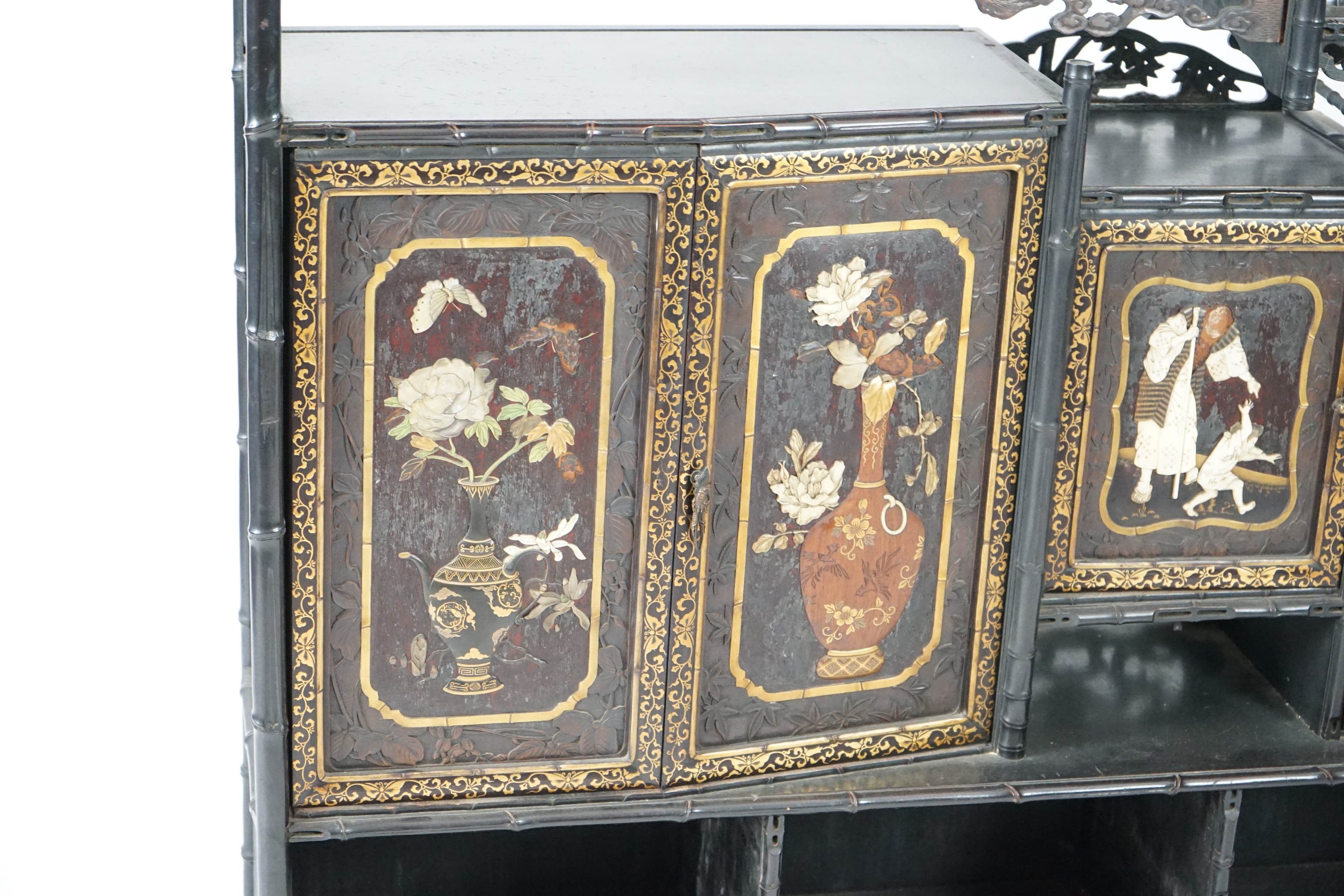 A Japanese Shibayama style inlaid wood cabinet, Meiji period